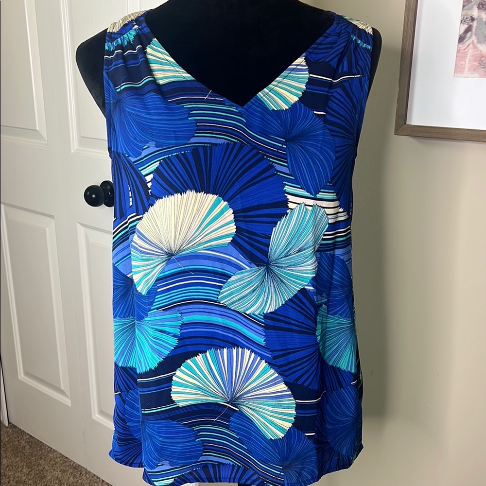 Roz & Ali Blue and Teal Fan Print Tank Top